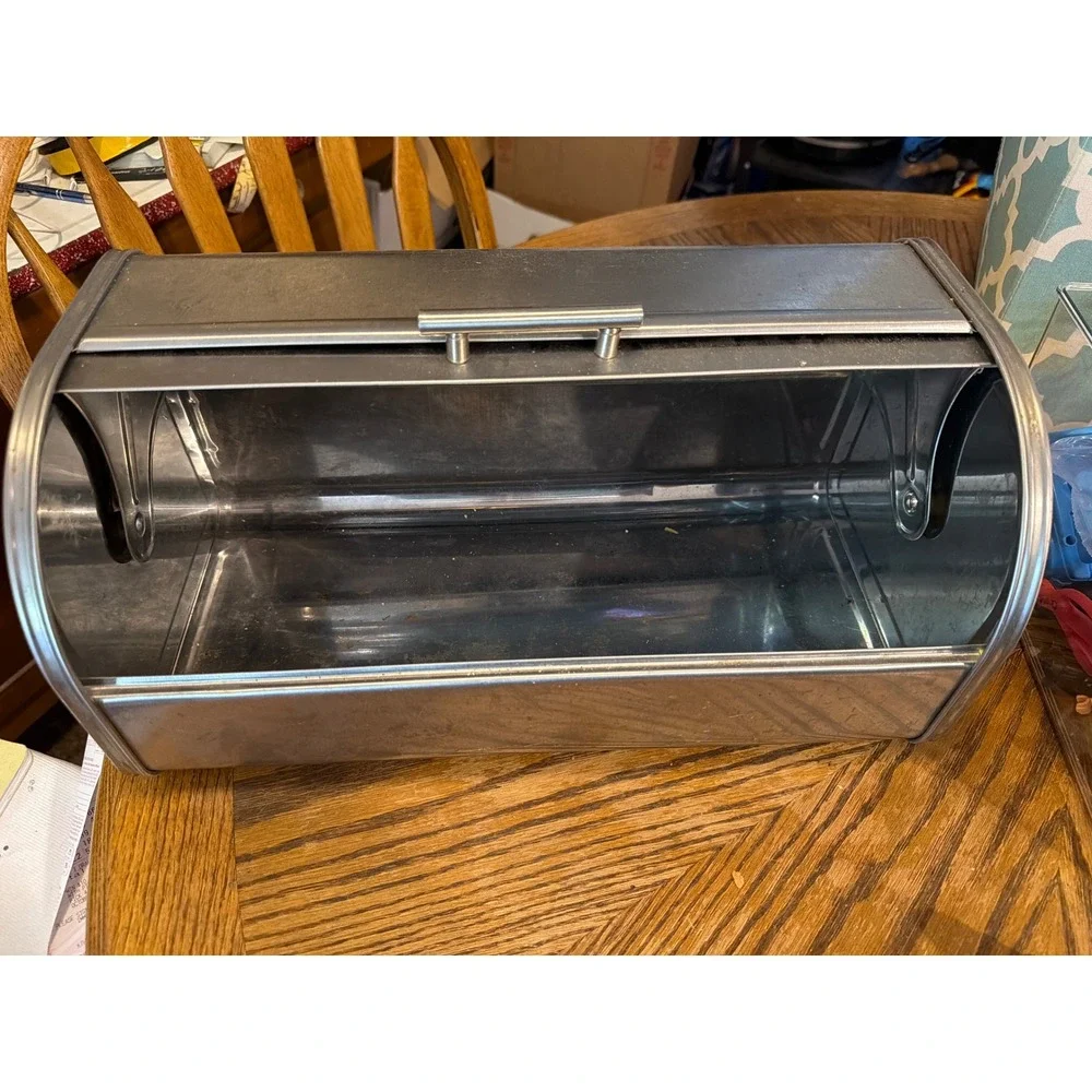 Brushed Stainless Steel Roll Top Bread Box Silver Kitchen Countertop Storage
